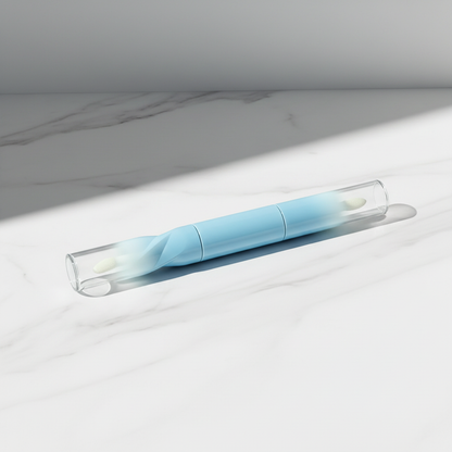 Dual-end blue gradient cosmetic tube on white marble minimalist luxury scene