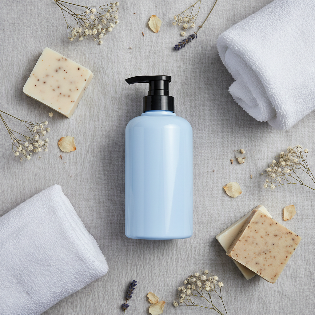 400ml Round Shoulder Lotion Pump Bottle - flat lay with flowers