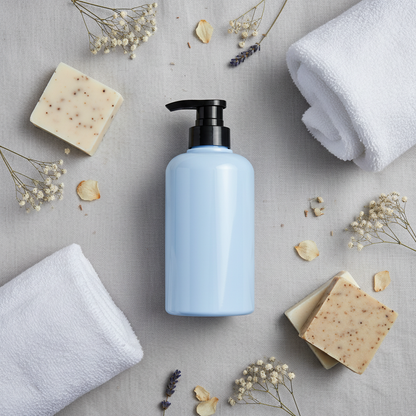 400ml Round Shoulder Lotion Pump Bottle - flat lay with flowers
