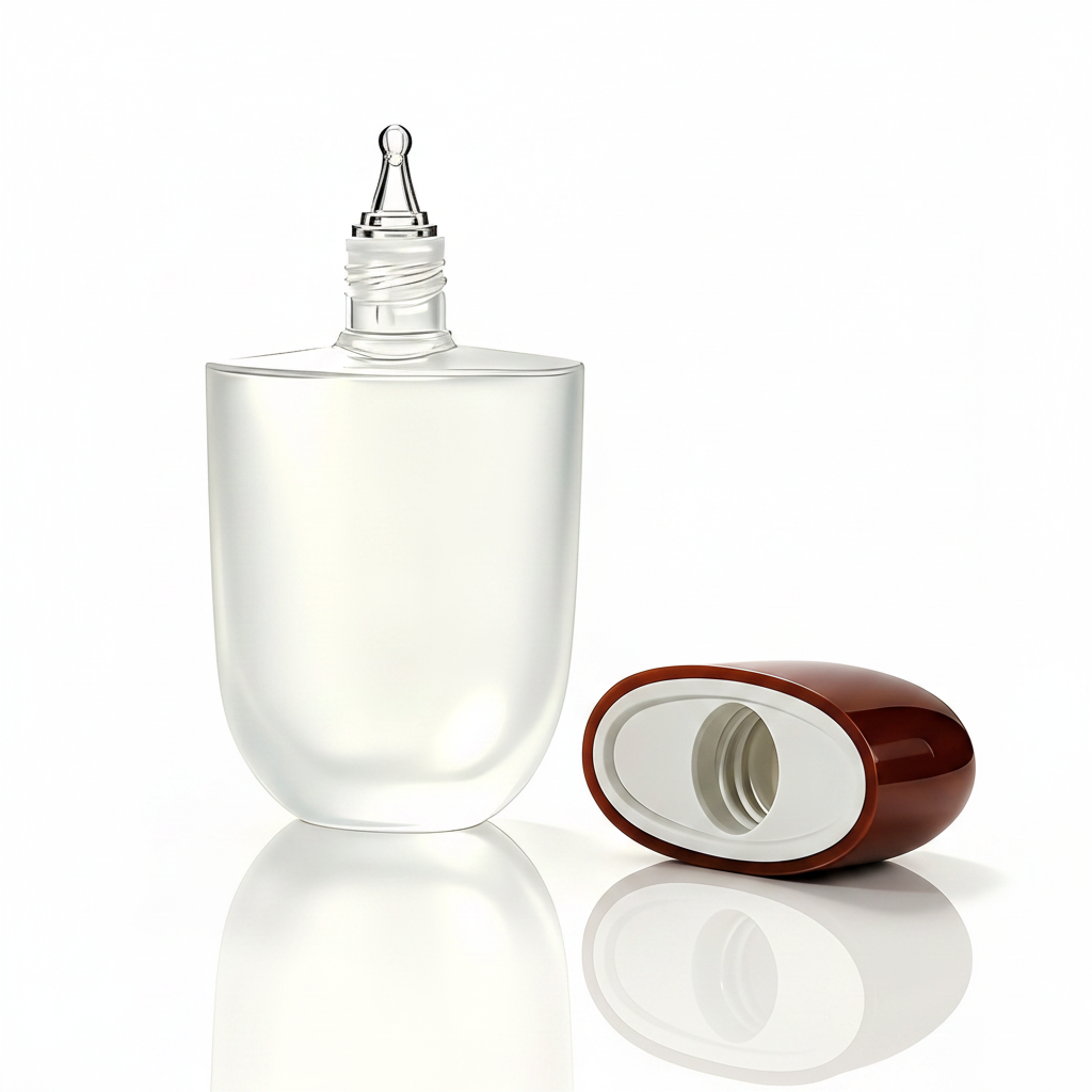 Capsule bottle open with fine-tip nozzle close-up macro shot on white background
