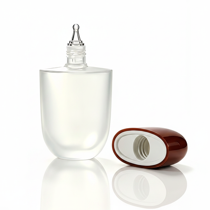 Capsule bottle open with fine-tip nozzle close-up macro shot on white background