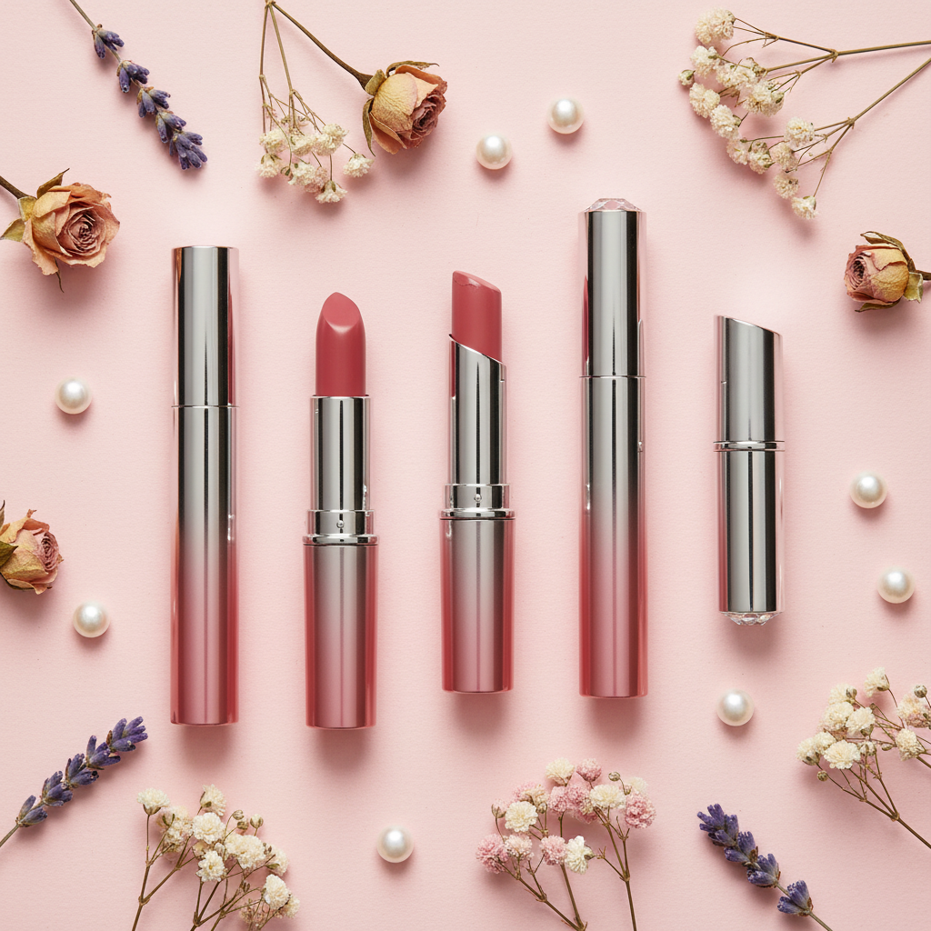 Lipstick tubes flat lay with dried flowers overhead shot
