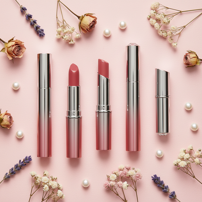 Lipstick tubes flat lay with dried flowers overhead shot