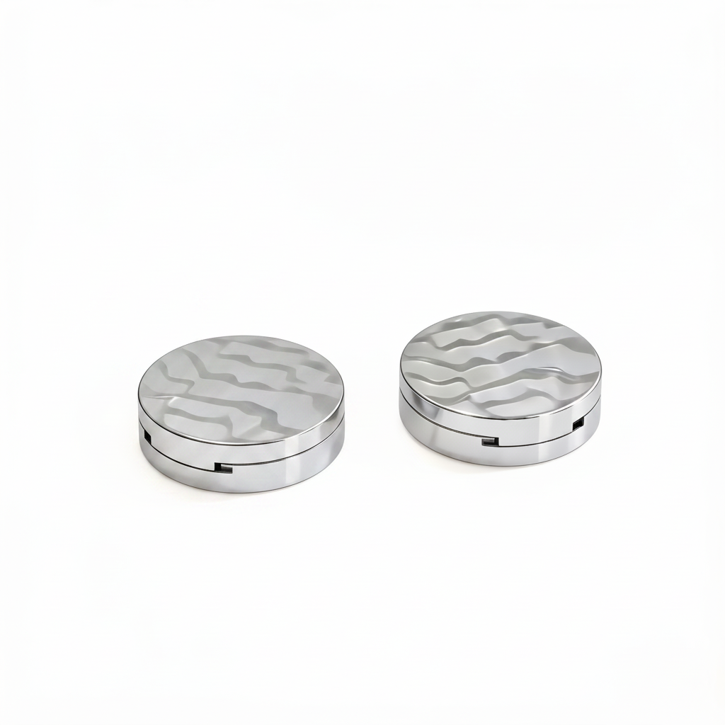Round chrome silver wave-lid powder compact open showing mirror and blush pan hero shot
