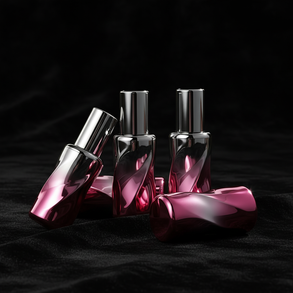 Round spiral pink-silver lipstick tubes on black velvet dark moody scene