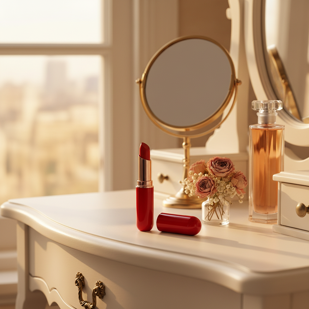 Lipstick tube on vanity dressing table lifestyle scene