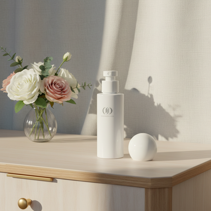 White ball cap pump bottle on vanity table with flowers