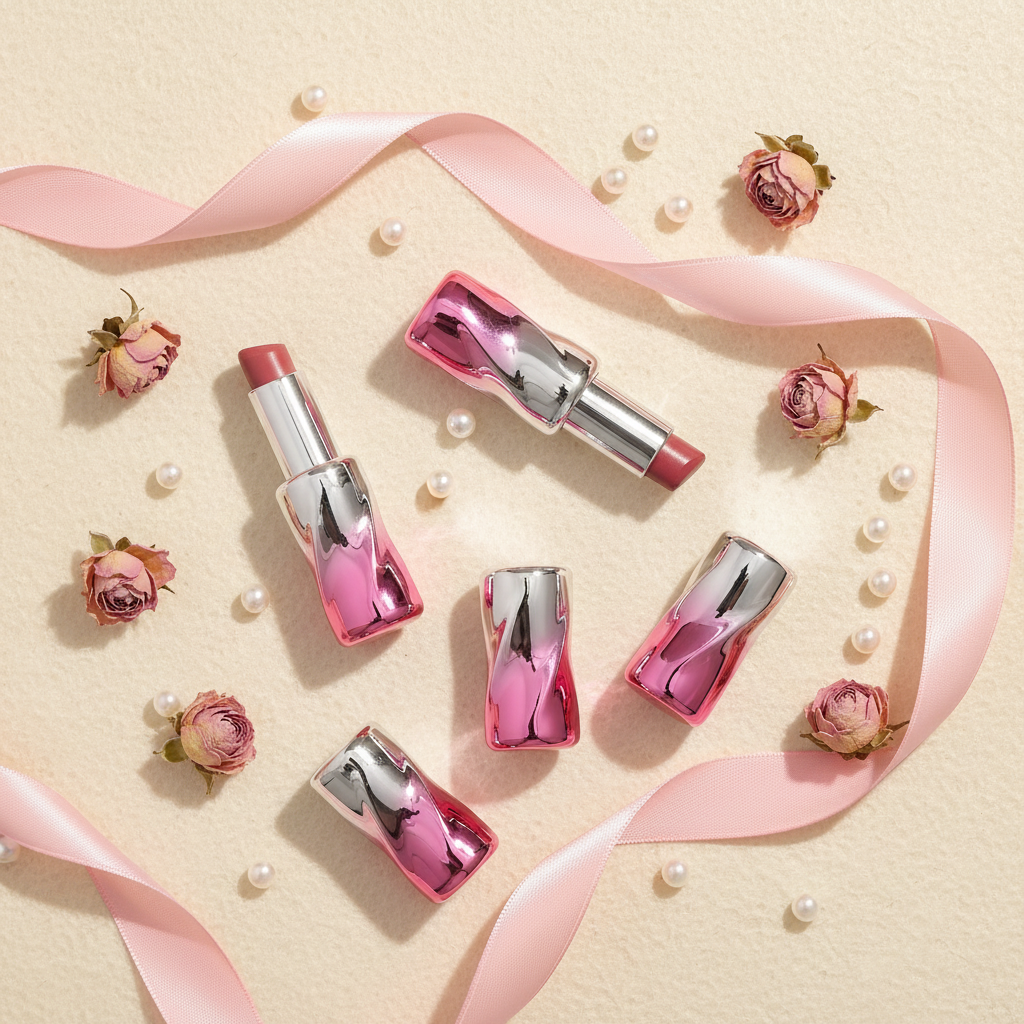 Round spiral lipstick tubes flat lay with dried roses overhead shot