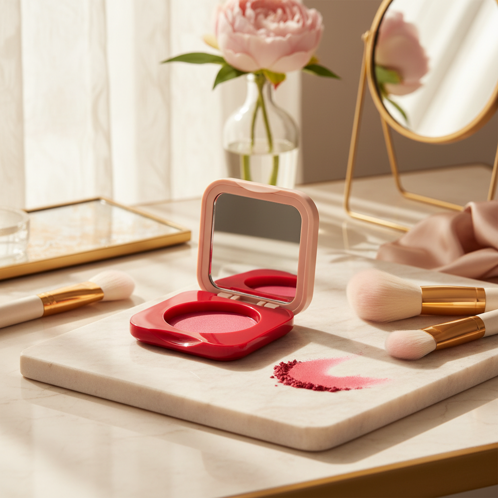 Red mirror-lid blush compact lifestyle scene on vanity with makeup brushes