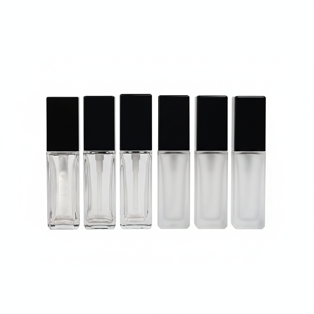 Clear and frosted square cosmetic bottles B2B comparison showcase on white background