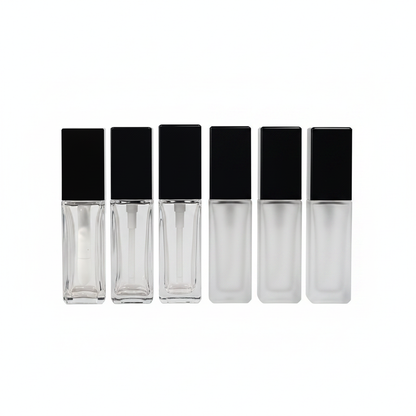 Clear and frosted square cosmetic bottles B2B comparison showcase on white background