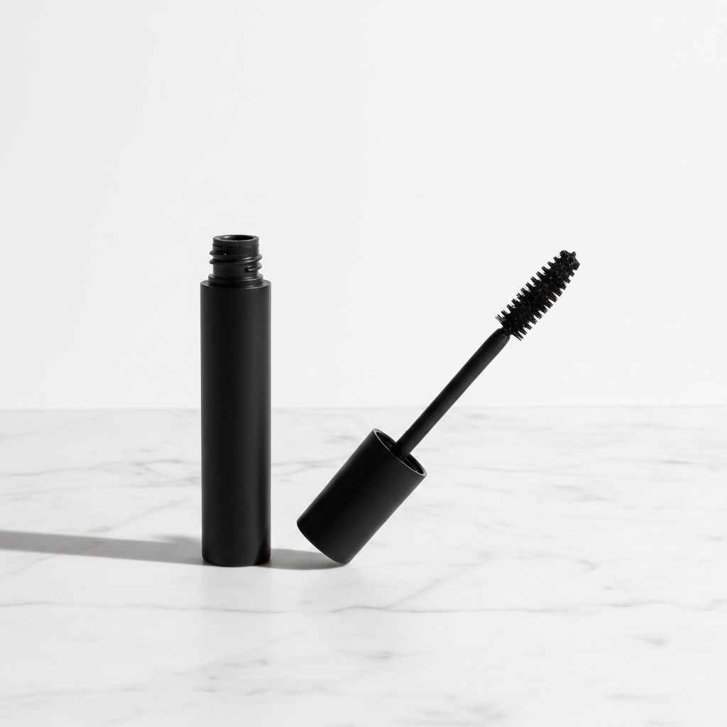 Round matte black mascara tube on white marble minimalist luxury scene