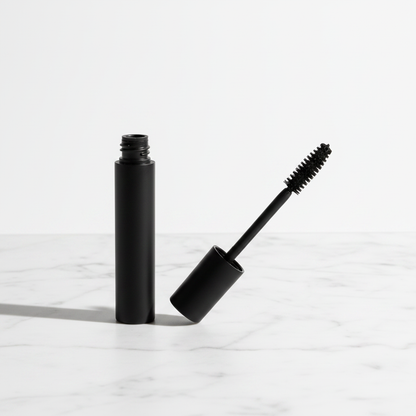 Round matte black mascara tube on white marble minimalist luxury scene