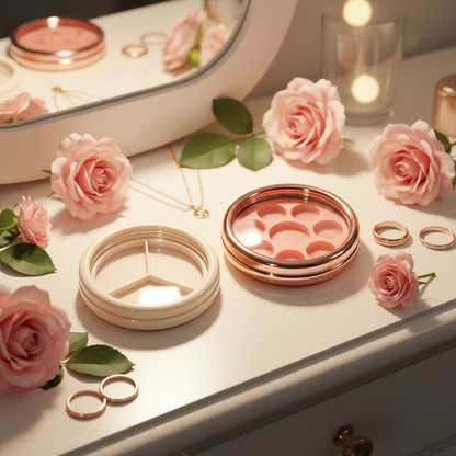 Rose gold eyeshadow compact with pink roses feminine lifestyle scene
