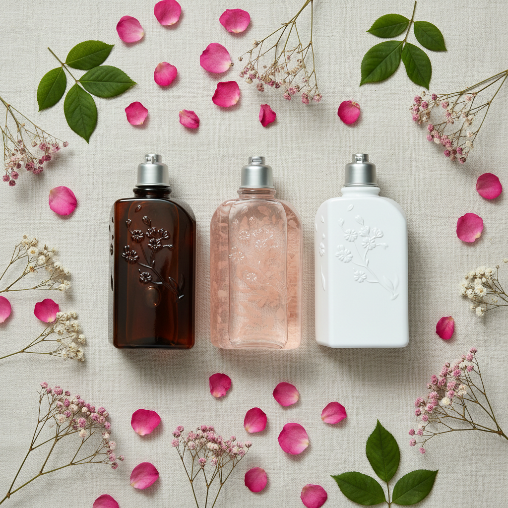 250ml Floral Embossed Square Bottle - flat lay with flowers