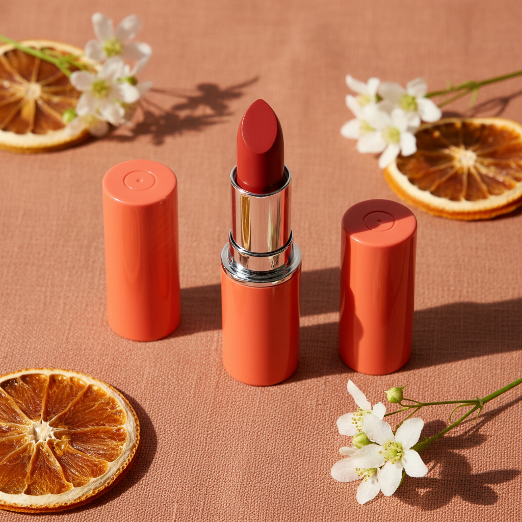 LYH002 lipstick tube flatlay with dried orange slices and flowers