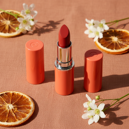LYH002 lipstick tube flatlay with dried orange slices and flowers