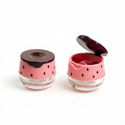 Pink watermelon lip gloss jar white background hero shot