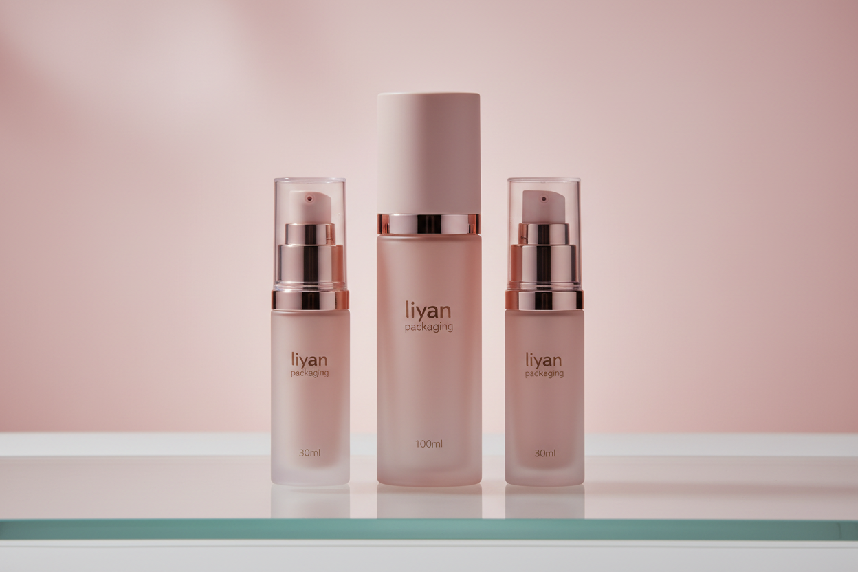 Three airless pump bottles in 30ml, 50ml and 100ml sizes on frosted glass