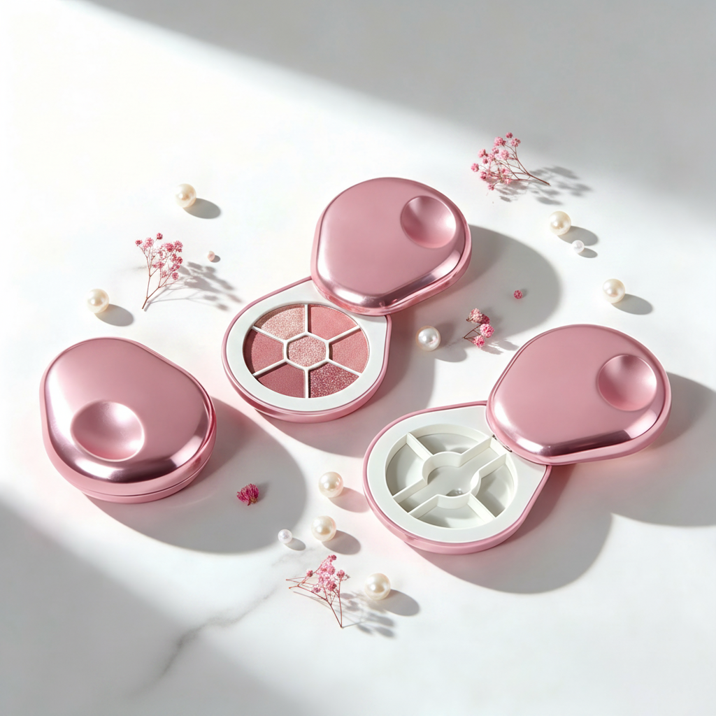 Oval rose pink metallic eyeshadow cases flat lay on marble with dried flowers