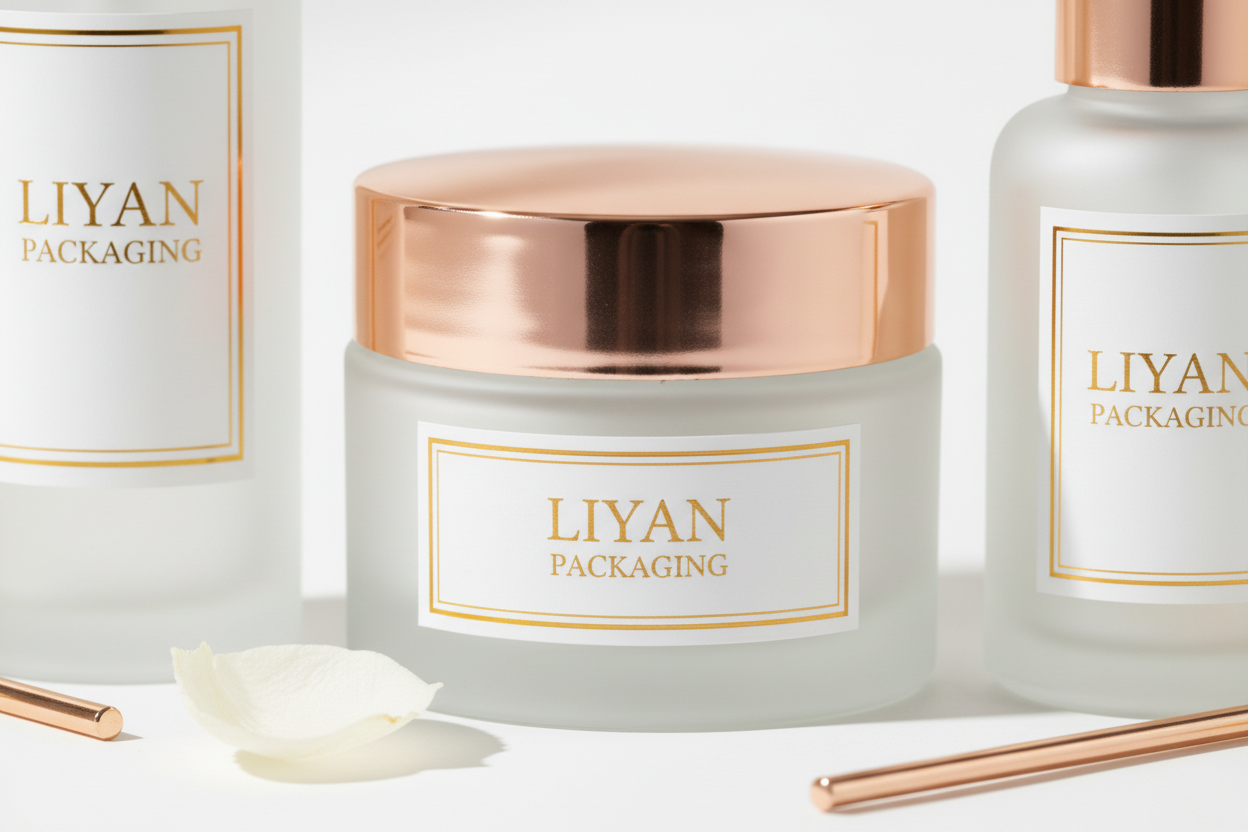 LIYAN Frosted Glass Cream Jar with Rose Gold Lid - Detail Shot
