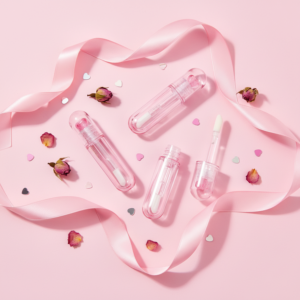 Pink glitter heart lip gloss tubes gift flatlay with ribbon and rose petals