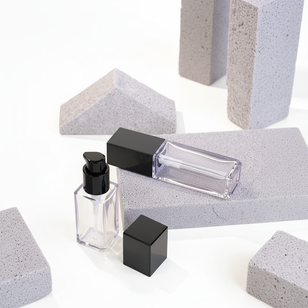 Square thick-wall clear cosmetic bottles on geometric concrete stone props editorial scene