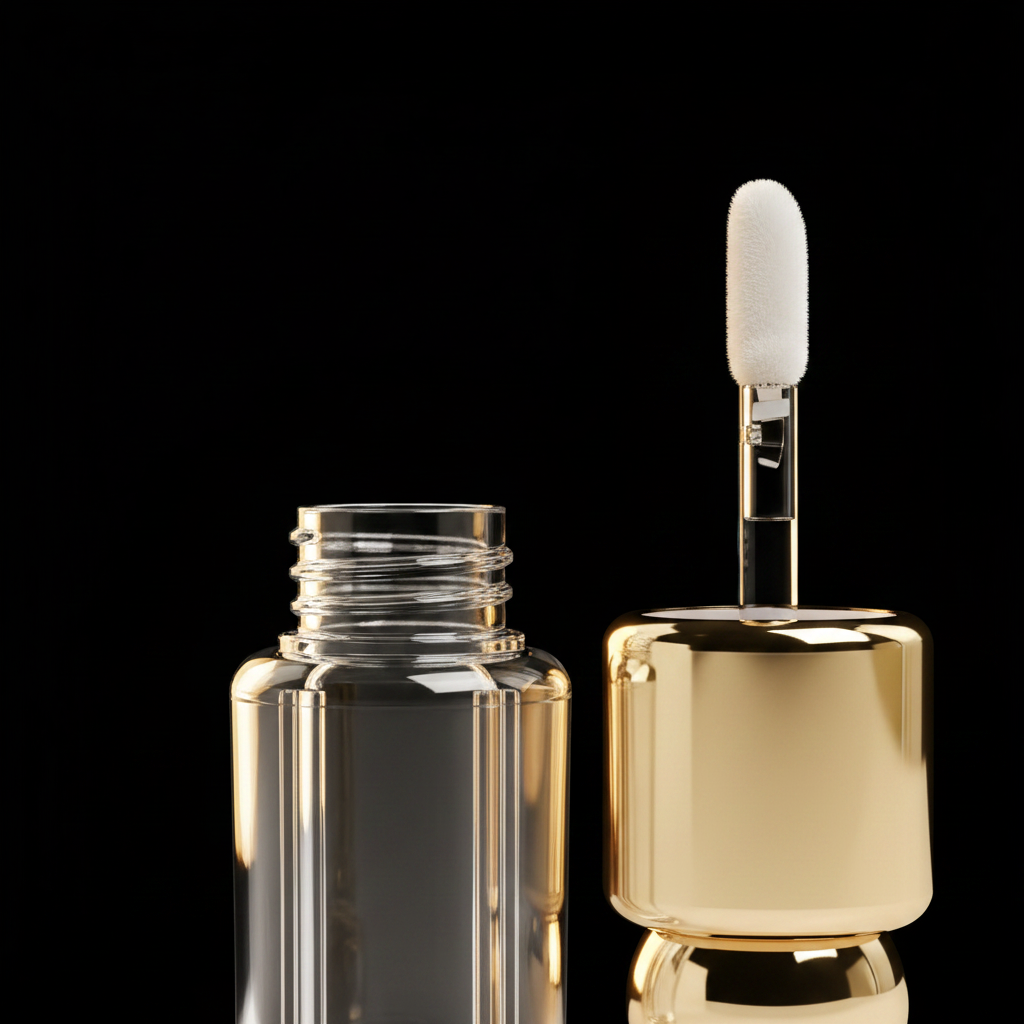 Gold ball cap lip gloss tube open with fine brush applicator close-up on black background