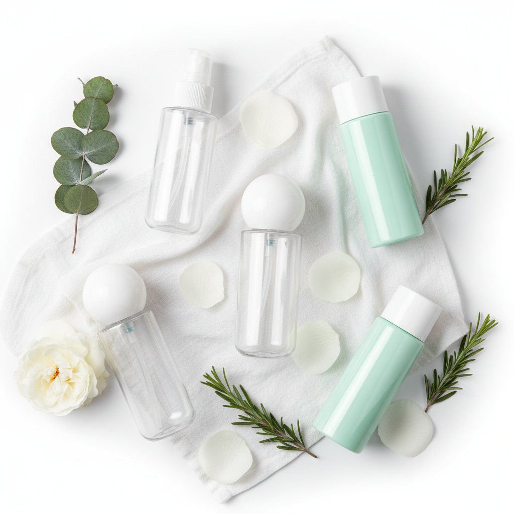 PET round ball bottles flatlay with rose petals and linen