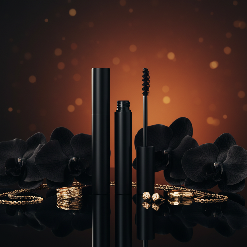 Round matte black mascara tube with black orchids high-end lifestyle scene