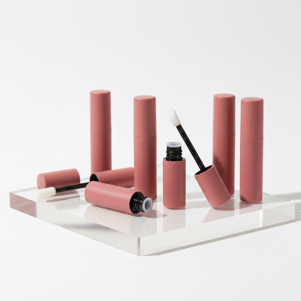 LYH005 three matte rose-pink lip gloss tubes triangular display