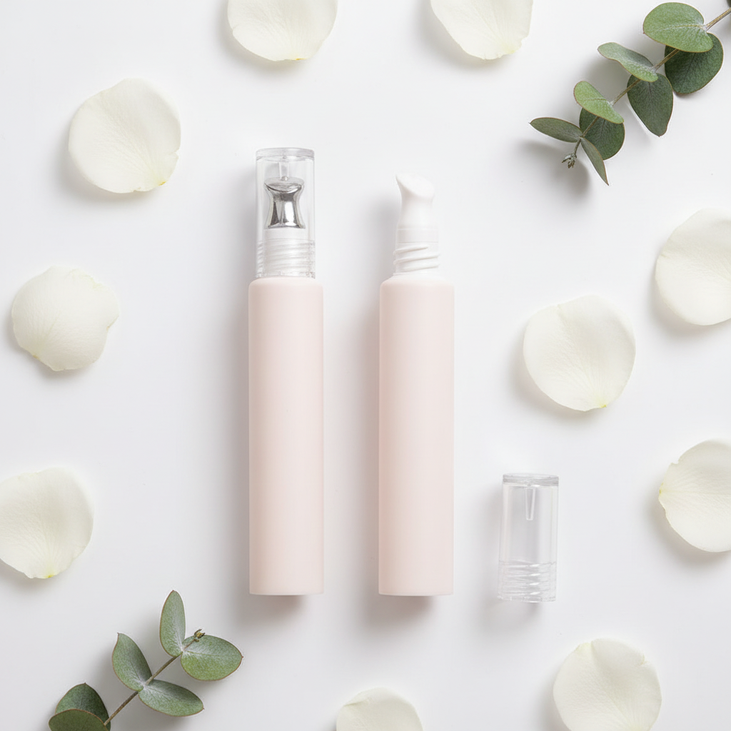 Overhead flat lay of two pump bottles with white rose petals and eucalyptus on white background