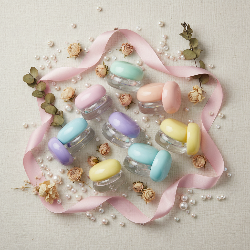 Round mushroom cap lip mask jars flat lay with dried flowers overhead shot