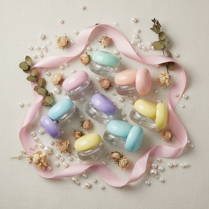 Round mushroom cap lip mask jars flat lay with dried flowers overhead shot