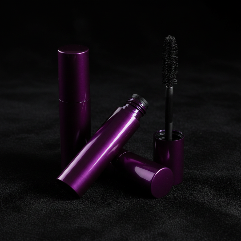 Round purple mascara tubes on black velvet dark moody luxury scene