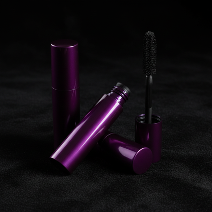 Round purple mascara tubes on black velvet dark moody luxury scene