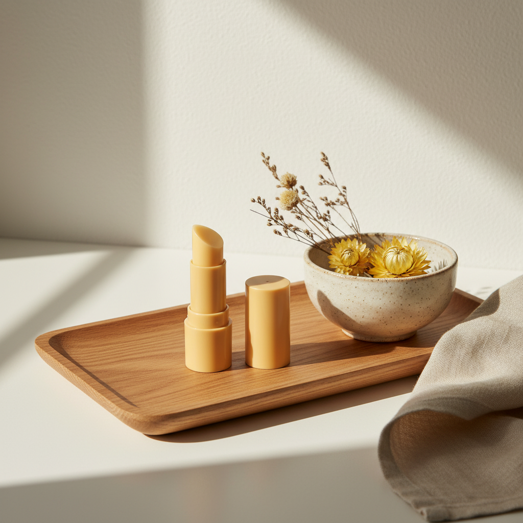 LYH003 lipstick tube Japandi lifestyle scene on oak wood tray