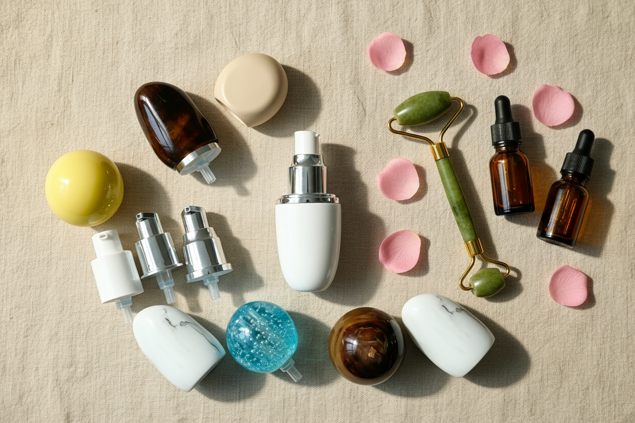 PP cosmetic pump dispenser skincare flatlay with rose petals