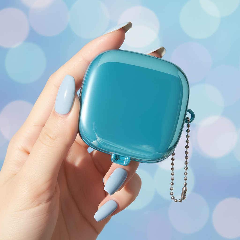 Hand holding metallic blue square eyeshadow palette case with ball chain