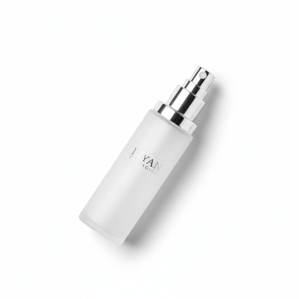 LIYAN PACKAGING frosted spray bottle flat lay overhead view