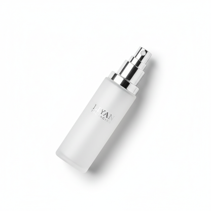 LIYAN PACKAGING frosted spray bottle flat lay overhead view