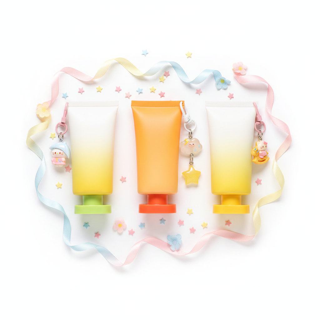 Overhead flat lay of three gradient tubes with star confetti and ribbon on white background