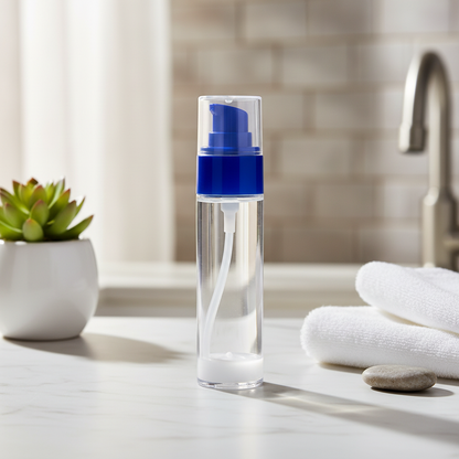 Airless pump bottle on bathroom vanity luxury spa scene