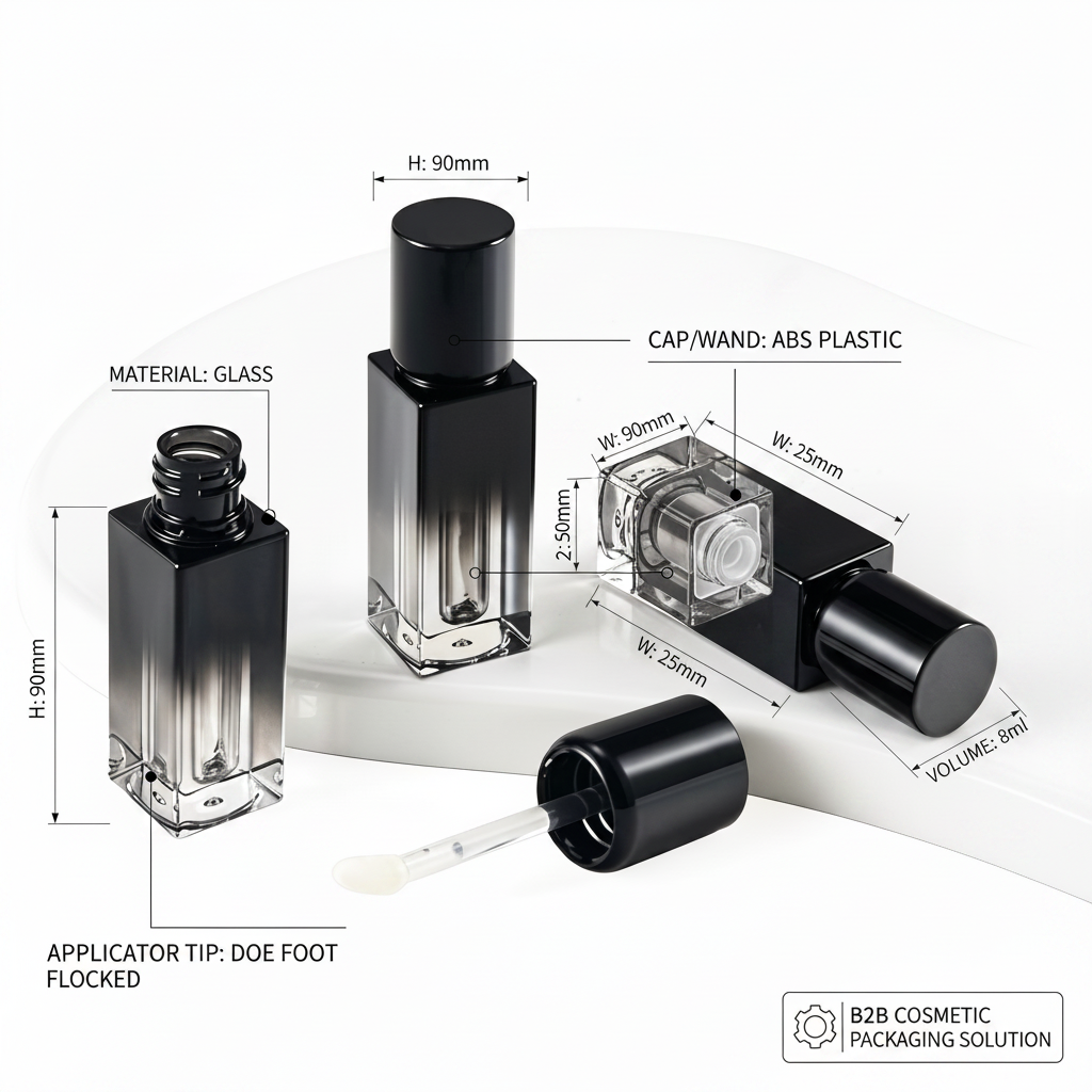 Gradient black square lip gloss tube packaging infographic with dimensions