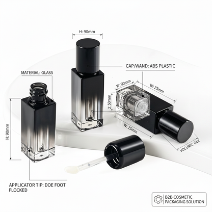 Gradient black square lip gloss tube packaging infographic with dimensions