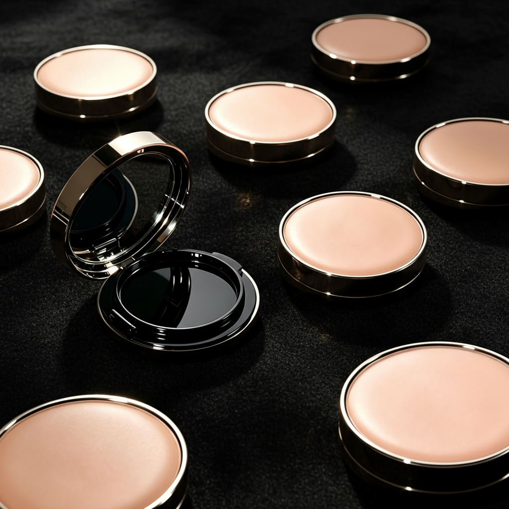 Round rose gold air cushion compacts on black velvet dark moody luxury scene