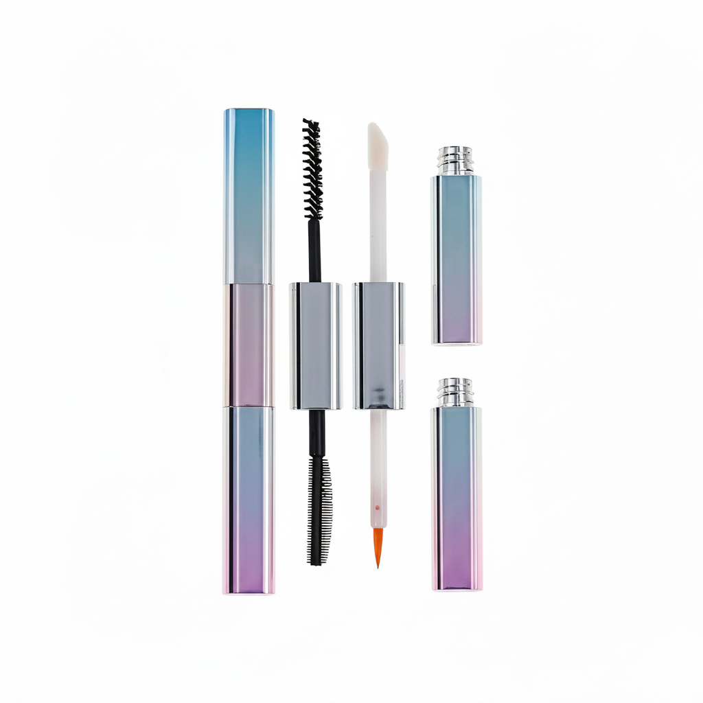Dual-ended square gradient blue mascara eyeliner tube white background hero shot