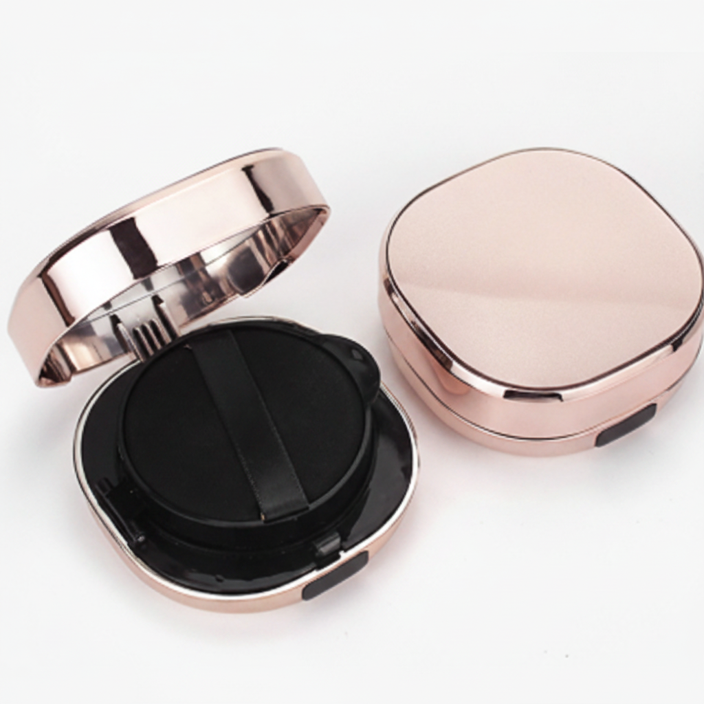 Rose gold square cushion compact open showing mirror and black puff