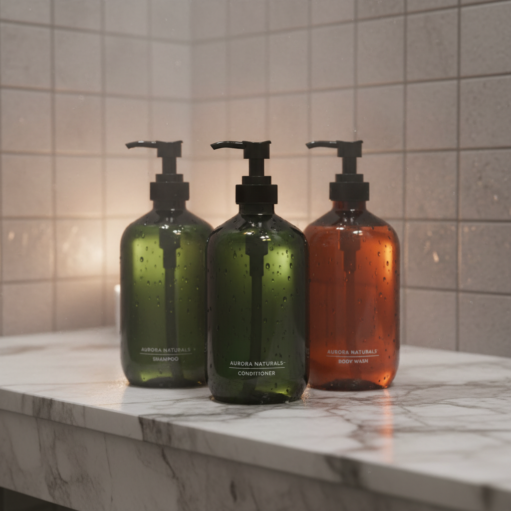 Amber and dark green PET pump bottles in luxury bathroom shower