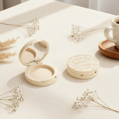 Matte beige wave-lid compact minimalist lifestyle scene on linen with botanicals and coffee cup